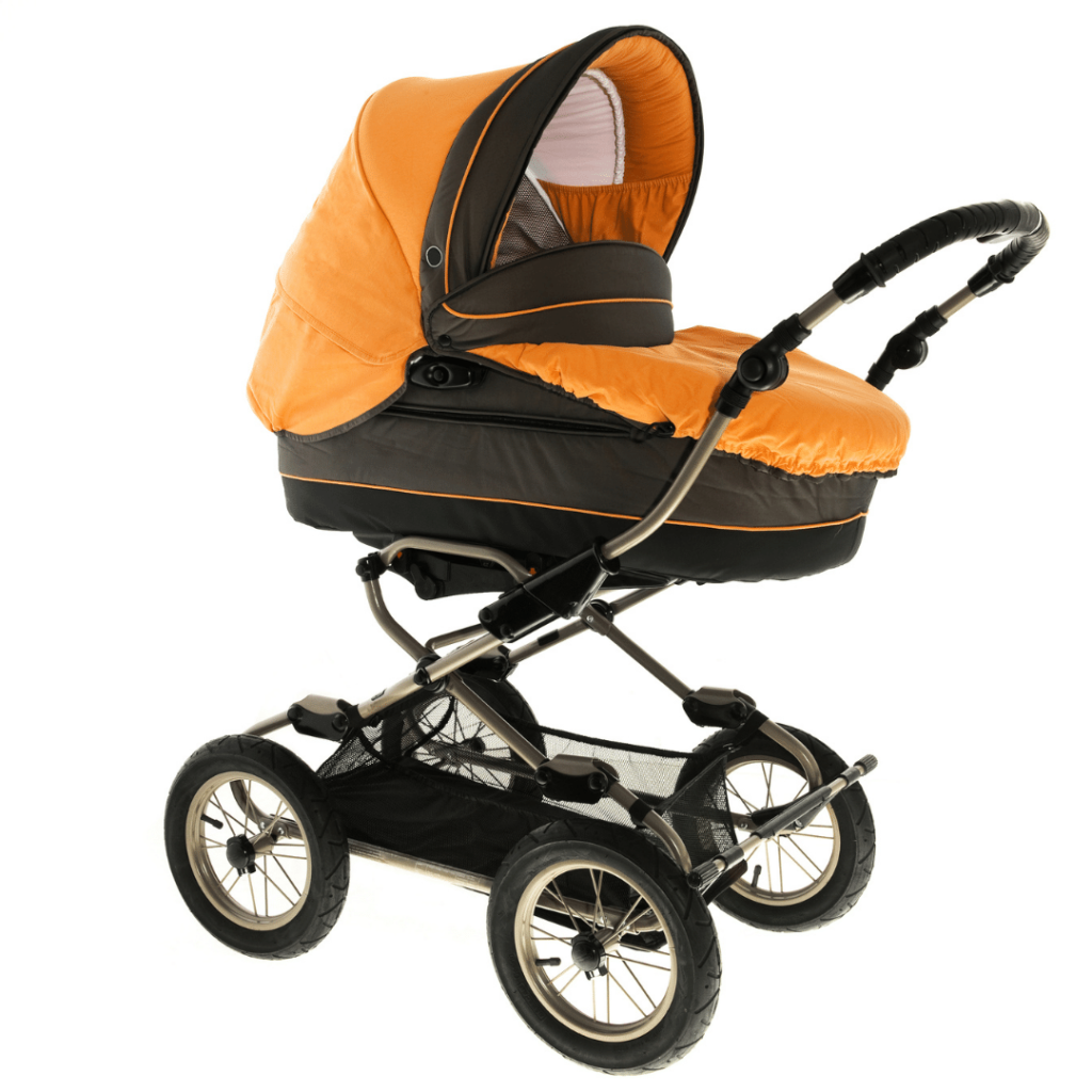 Orange hooded baby stroller